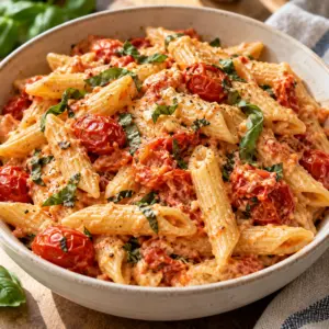 A square composition of baked feta pasta with creamy tomato sauce and basil.