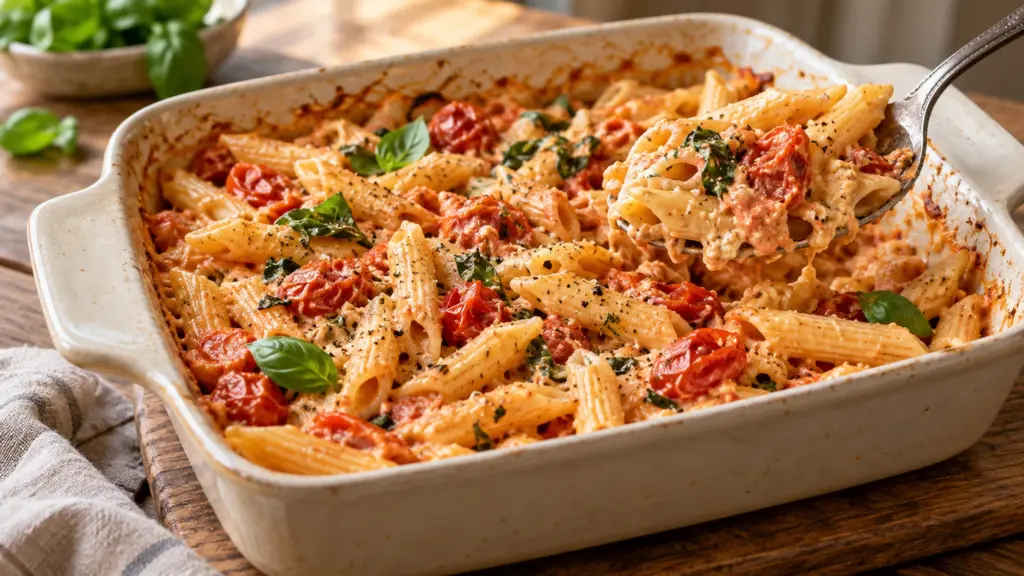 A spoon lifts creamy baked feta pasta with burst cherry tomatoes and basil from a ceramic dish.