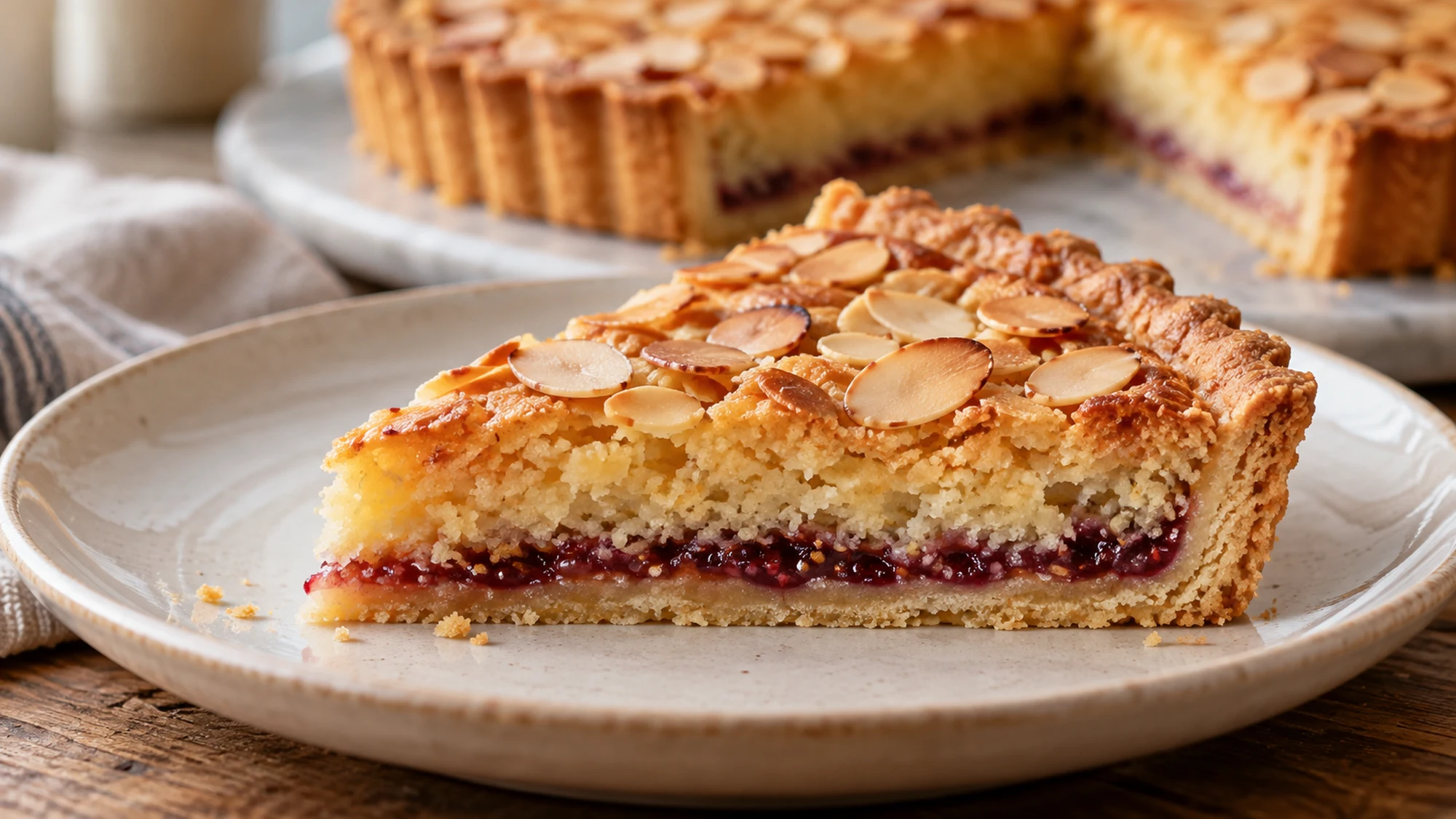 A Bakewell tart slice showing crisp pastry, a thin raspberry jam layer and tender almond crumb.