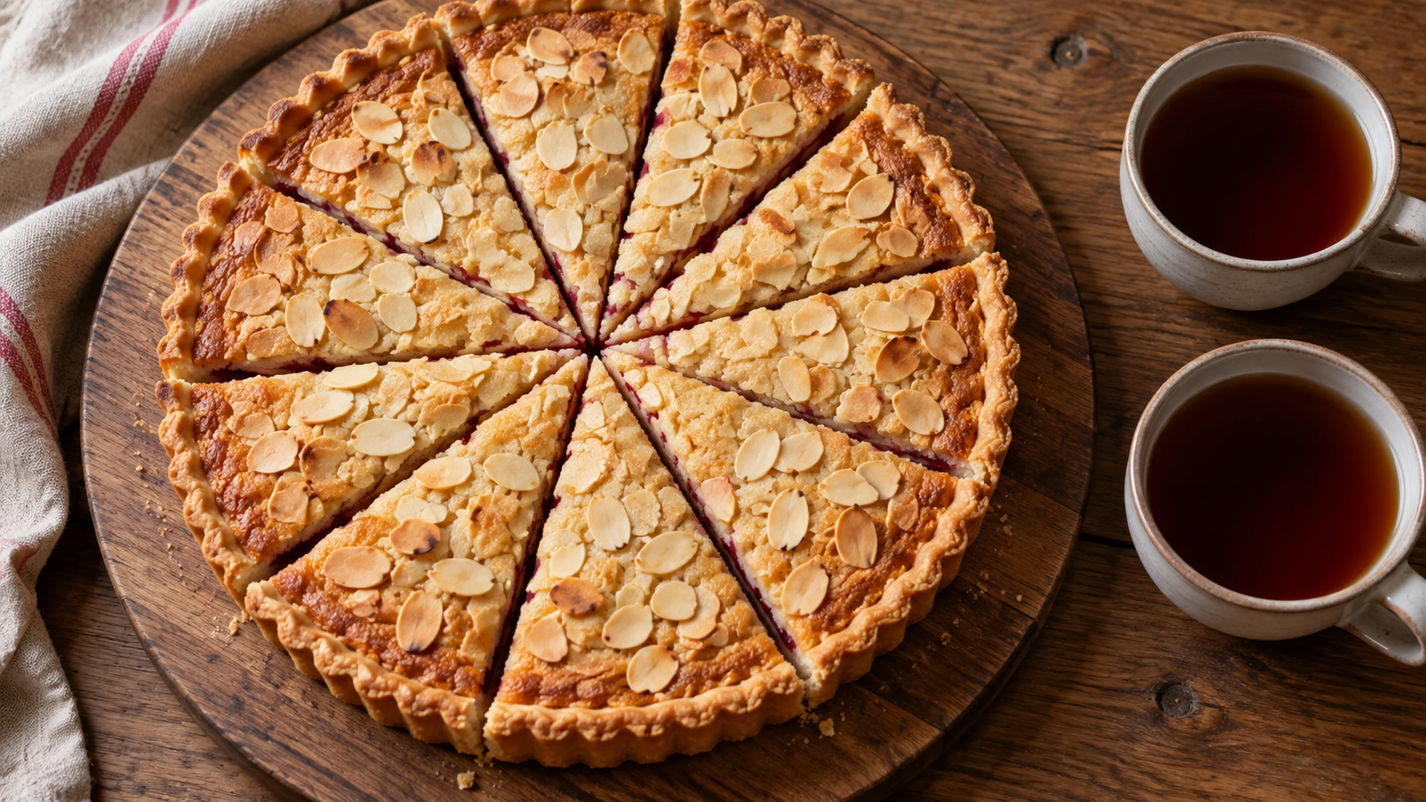 Overhead view of sliced Bakewell tart with two cups of tea.