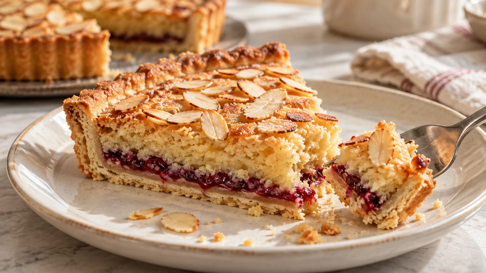 A fork lifting a bite of Bakewell tart from a cream plate.