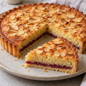 A whole almond-topped Bakewell tart with a separate slice on a round plate.