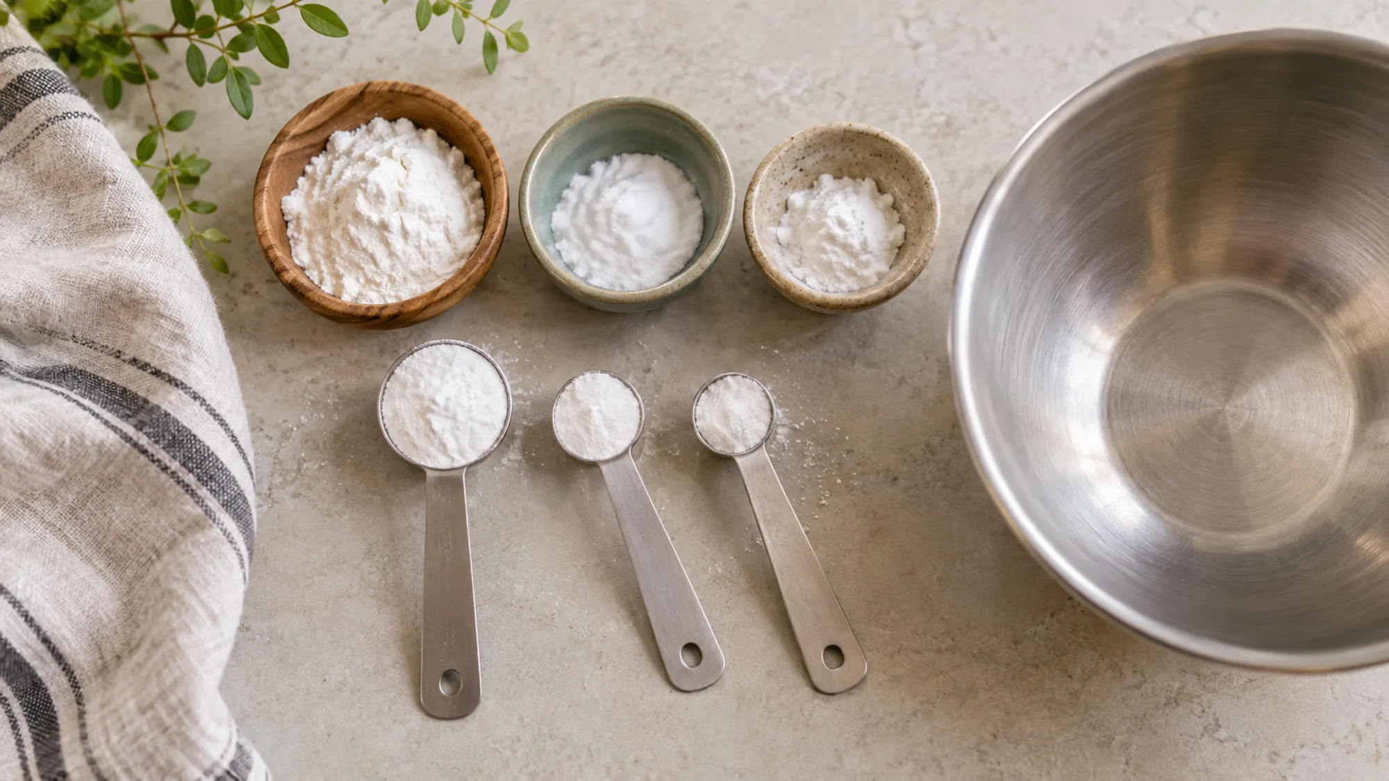 Level measuring spoons of white baking powders beside small bowls.
