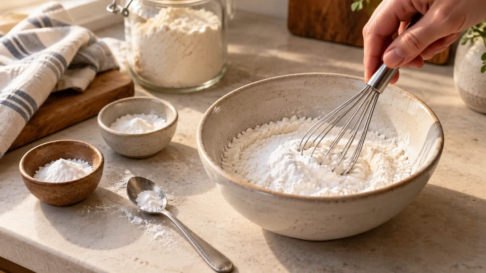 A whisk blending dry white powders in a ceramic bowl.