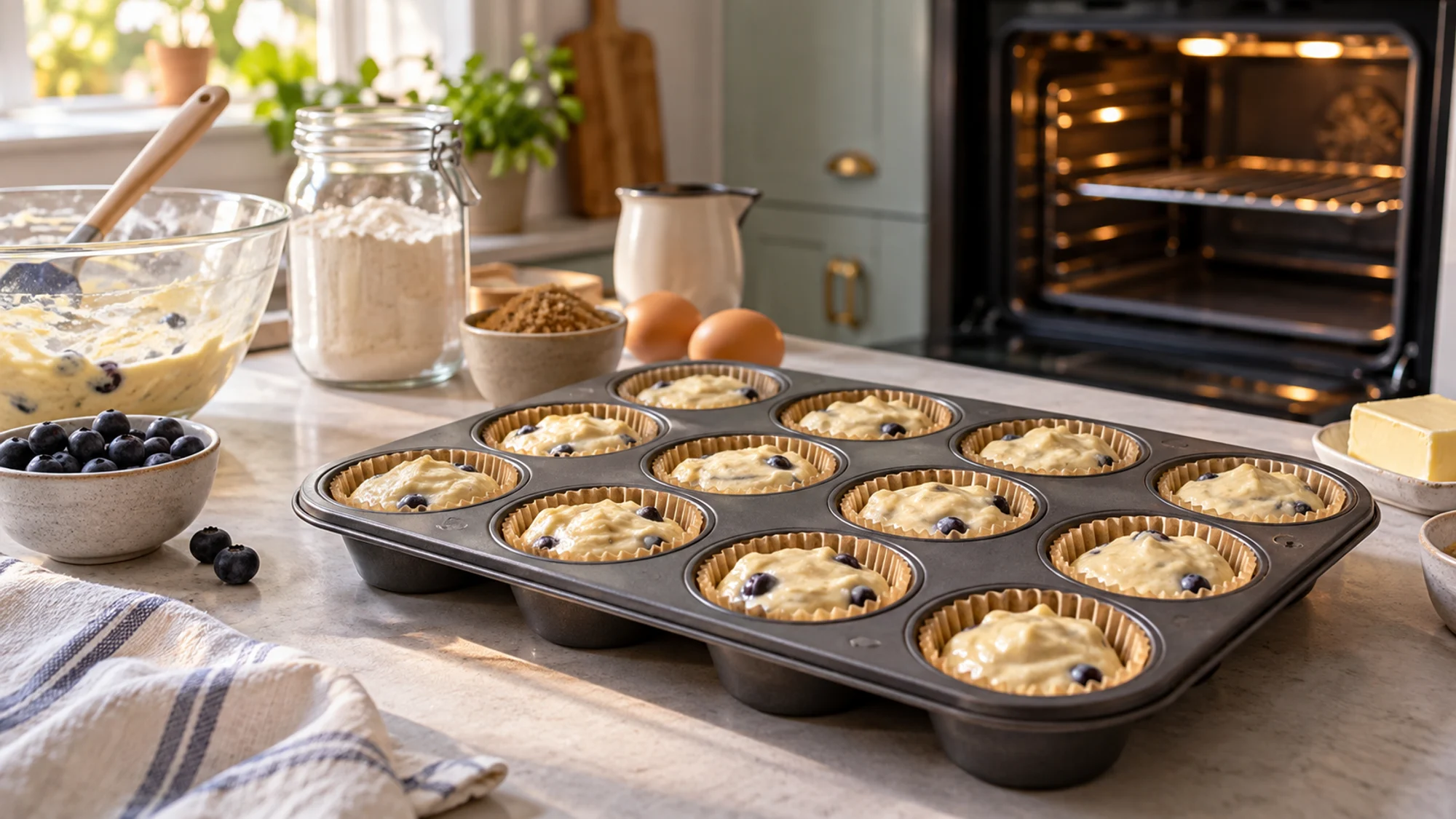 A filled muffin pan ready for baking beside an oven.