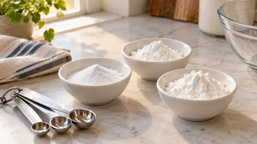 Separate dishes of baking soda, cream of tartar and starch with measuring spoons.