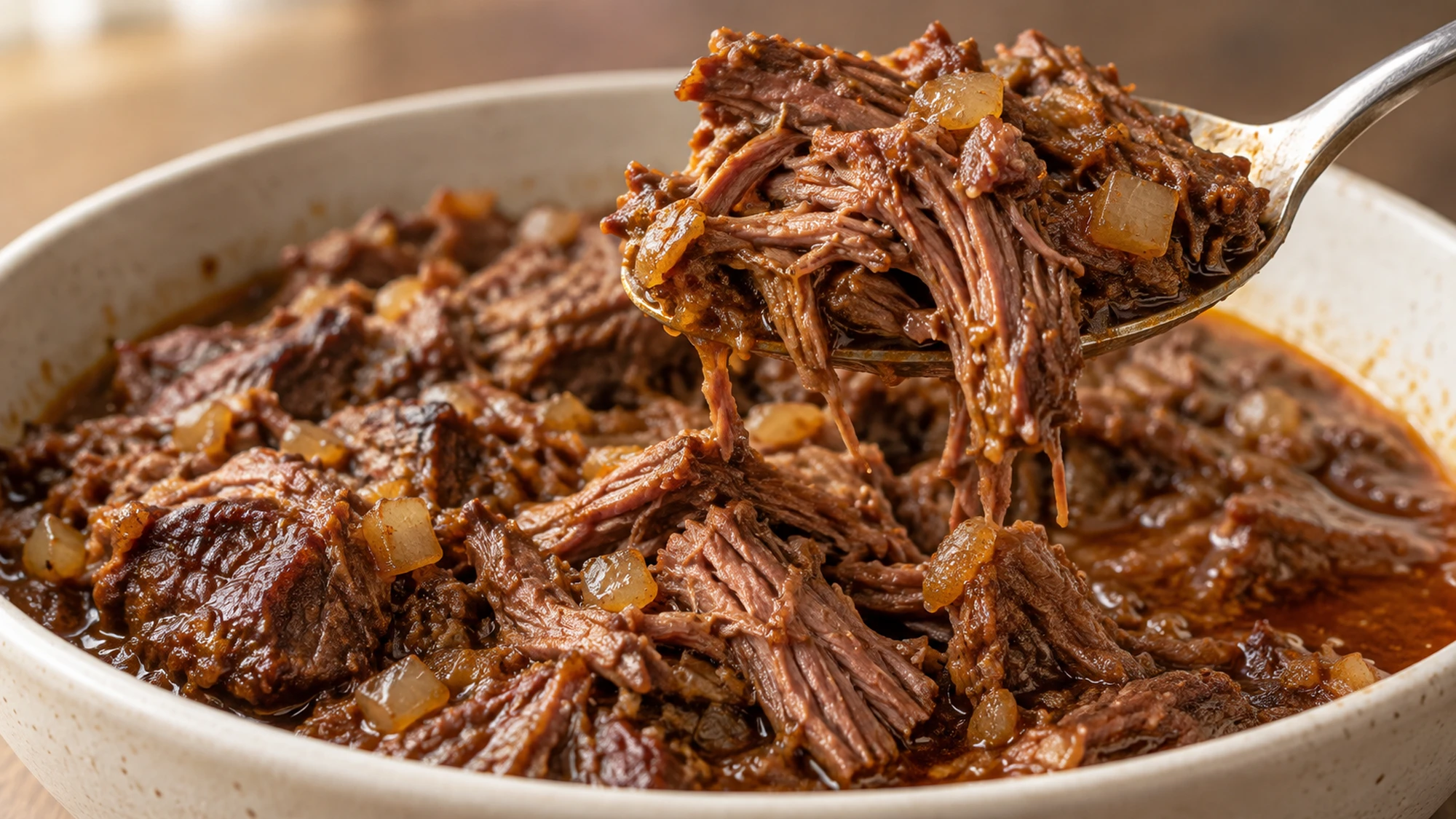 A spoon lifts moist barbacoa fibers and onion above a bowl.