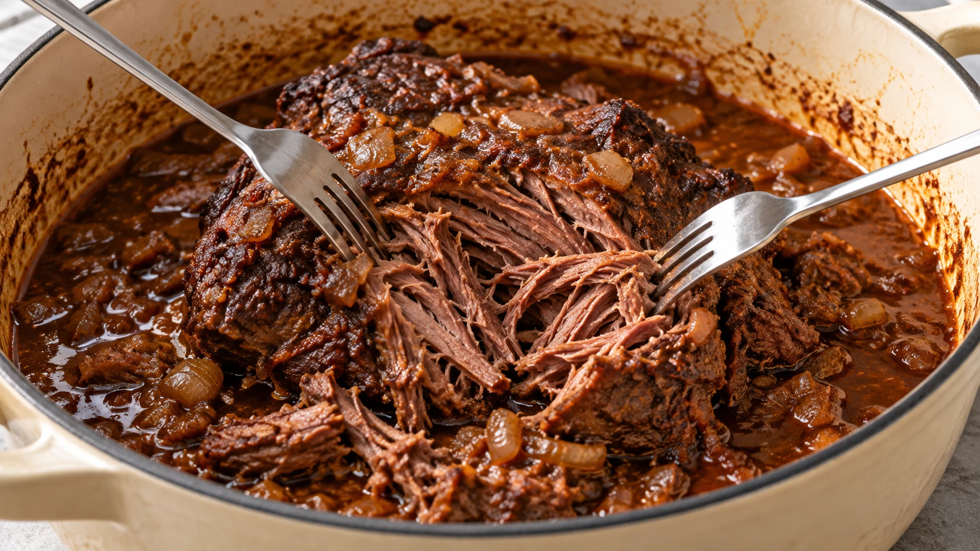 Two forks separate slow-braised beef in a Dutch oven.