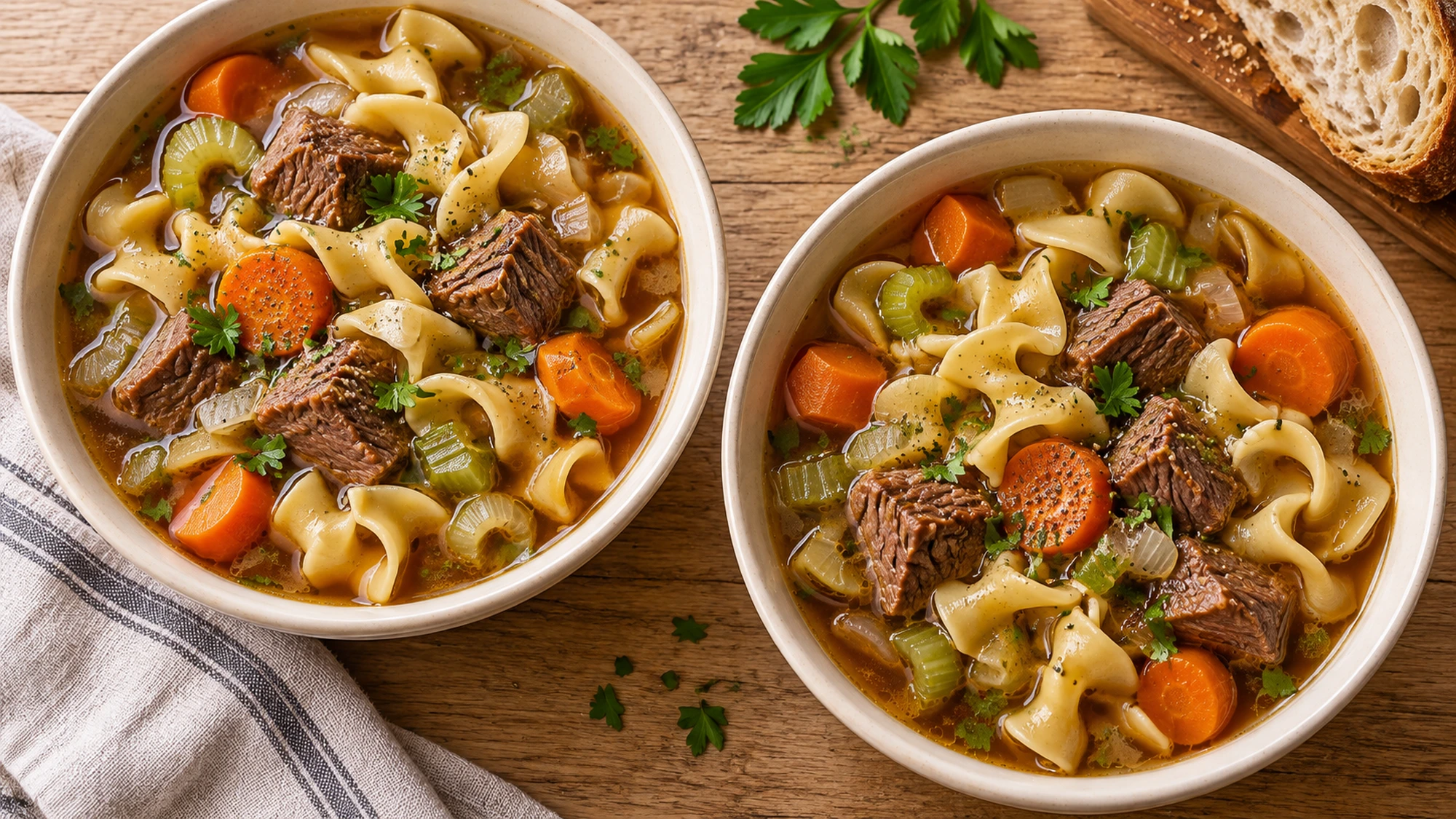 Two bowls of beef noodle soup with tender chuck, carrots and egg noodles.