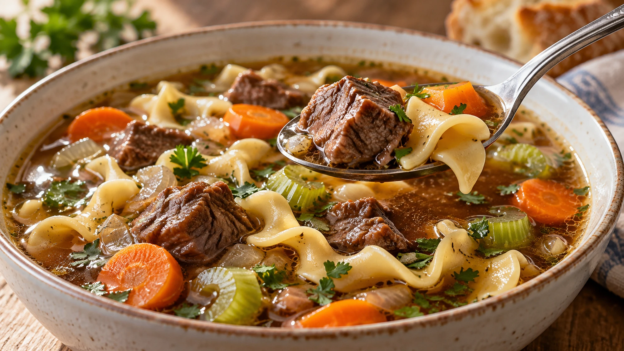 A spoon lifting tender beef and an egg noodle from savory vegetable broth.