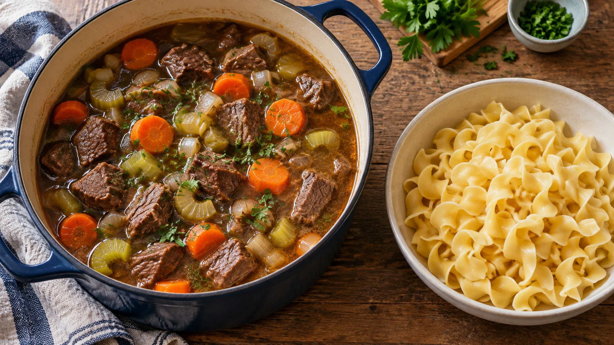 Beef and vegetable soup in a Dutch oven with cooked egg noodles kept in a separate bowl.