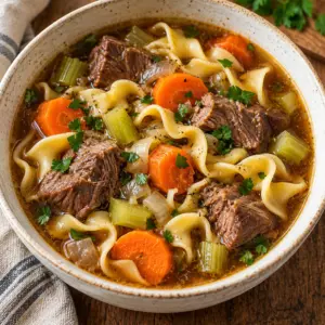 Close view of beef noodle soup with tender chuck, carrots, celery and parsley.