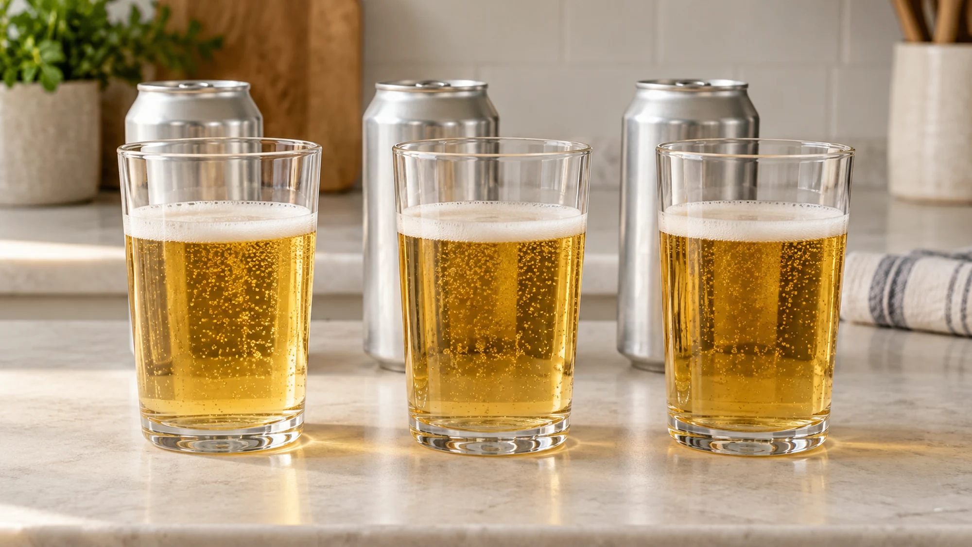 Three matching glasses holding equal pale lager pours with plain cans behind.