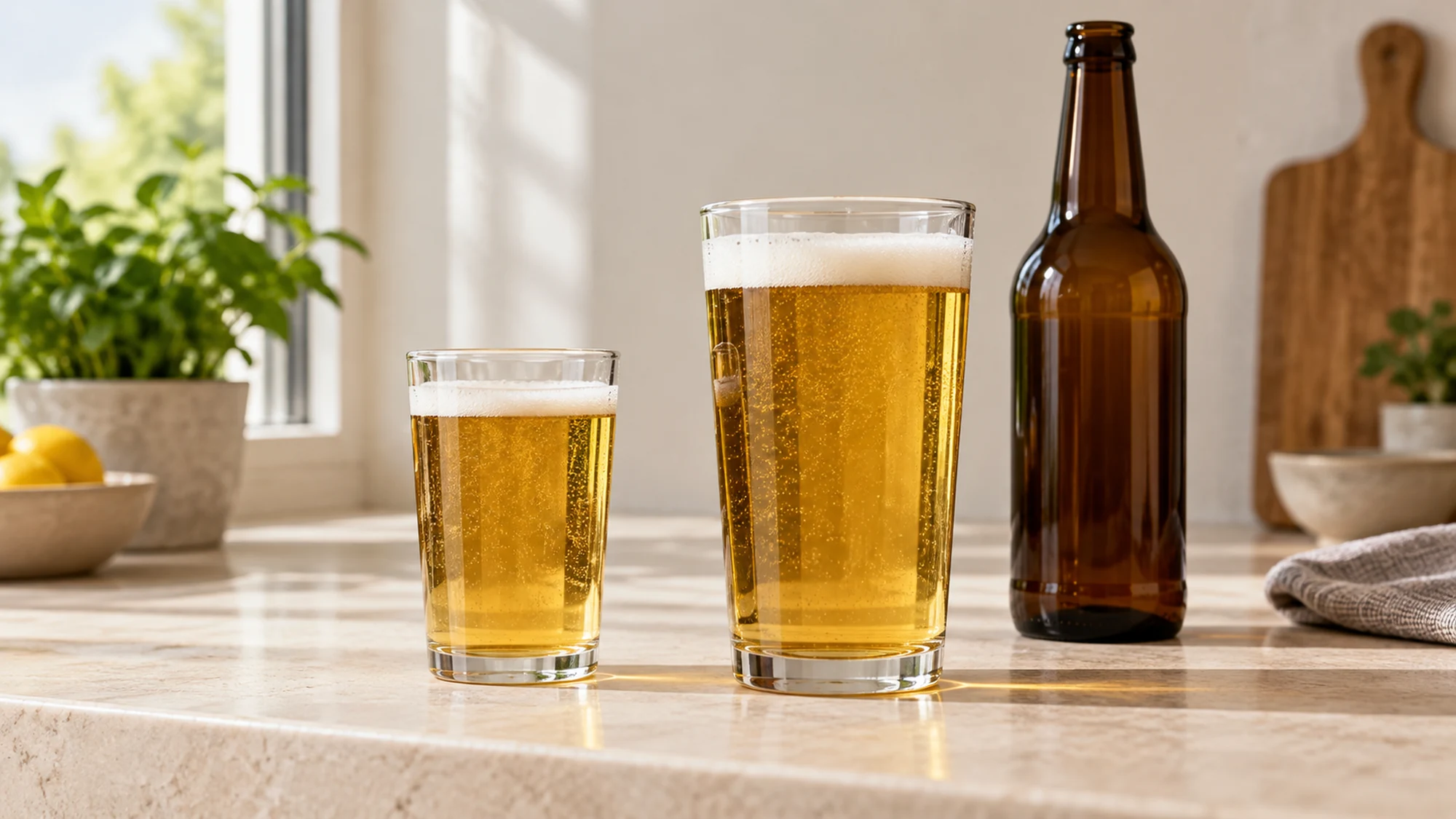 A smaller and a larger glass of pale lager beside an unbranded bottle.