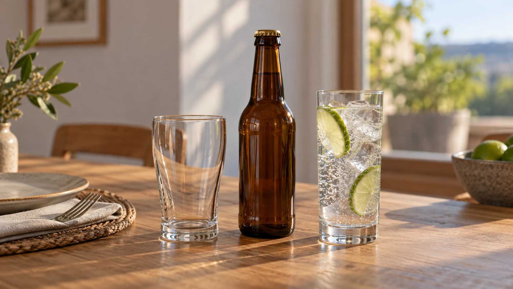An empty beer glass, closed unbranded bottle and sparkling water with lime.