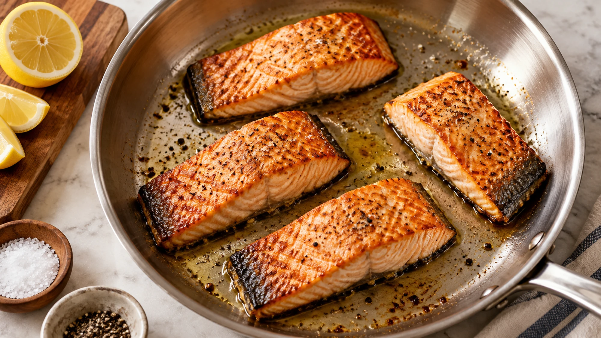 Four golden pan-seared salmon fillets in a stainless steel skillet.