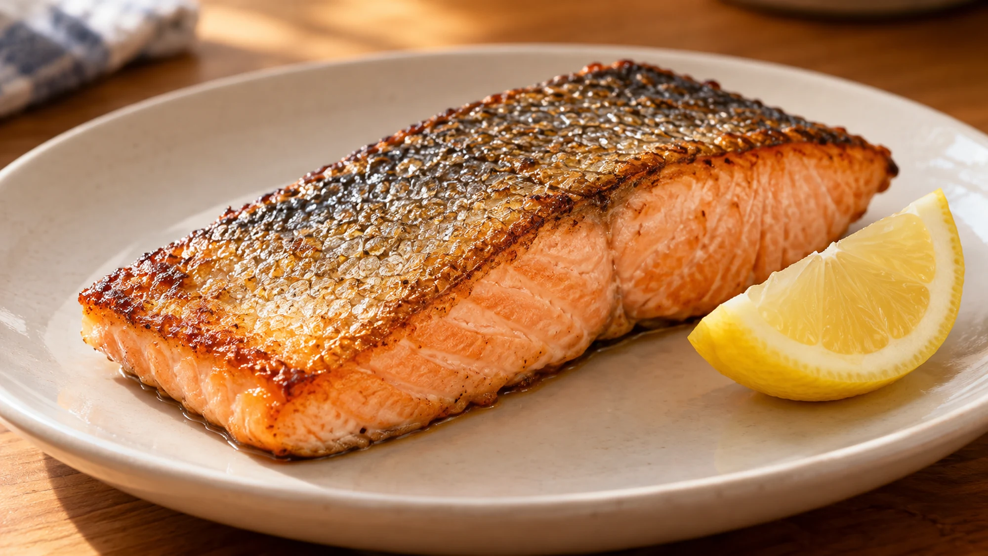 Salmon served skin-side up to show its crisp surface beside a lemon wedge.
