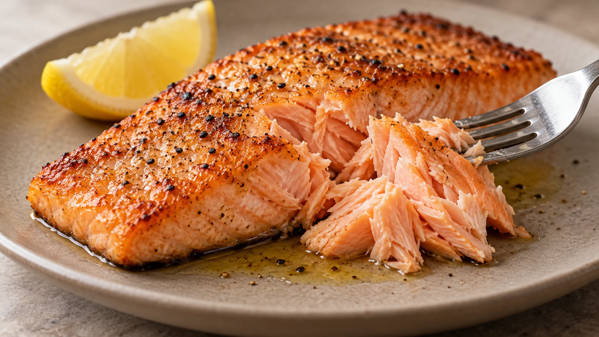 A fork separates tender cooked flakes from a pan-seared salmon fillet.