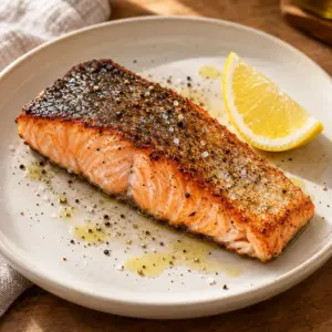 One pan-seared salmon fillet with crisp skin and a lemon wedge on a cream plate.
