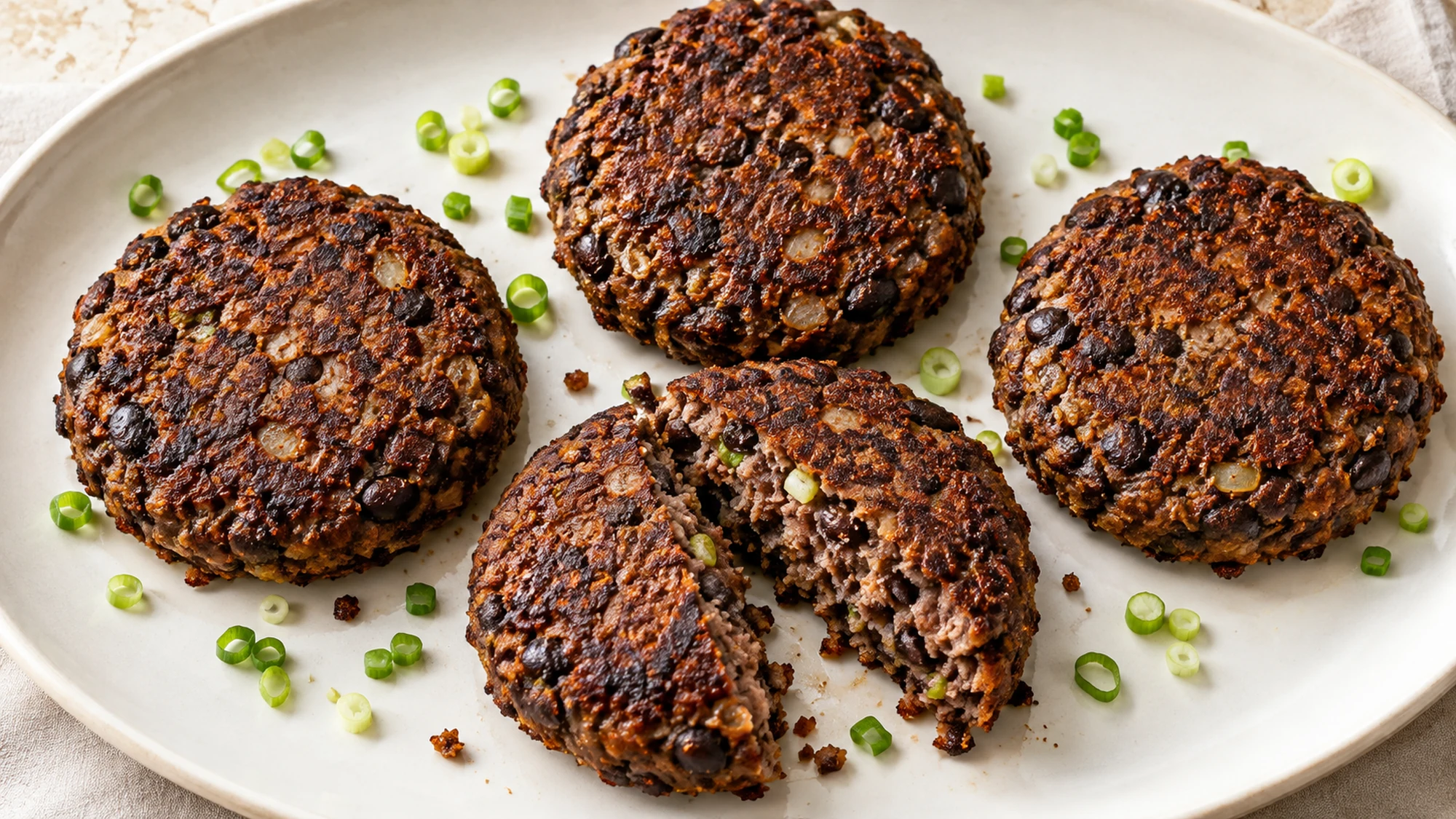 Four browned black bean patties, one cut to reveal their coarse tender center.