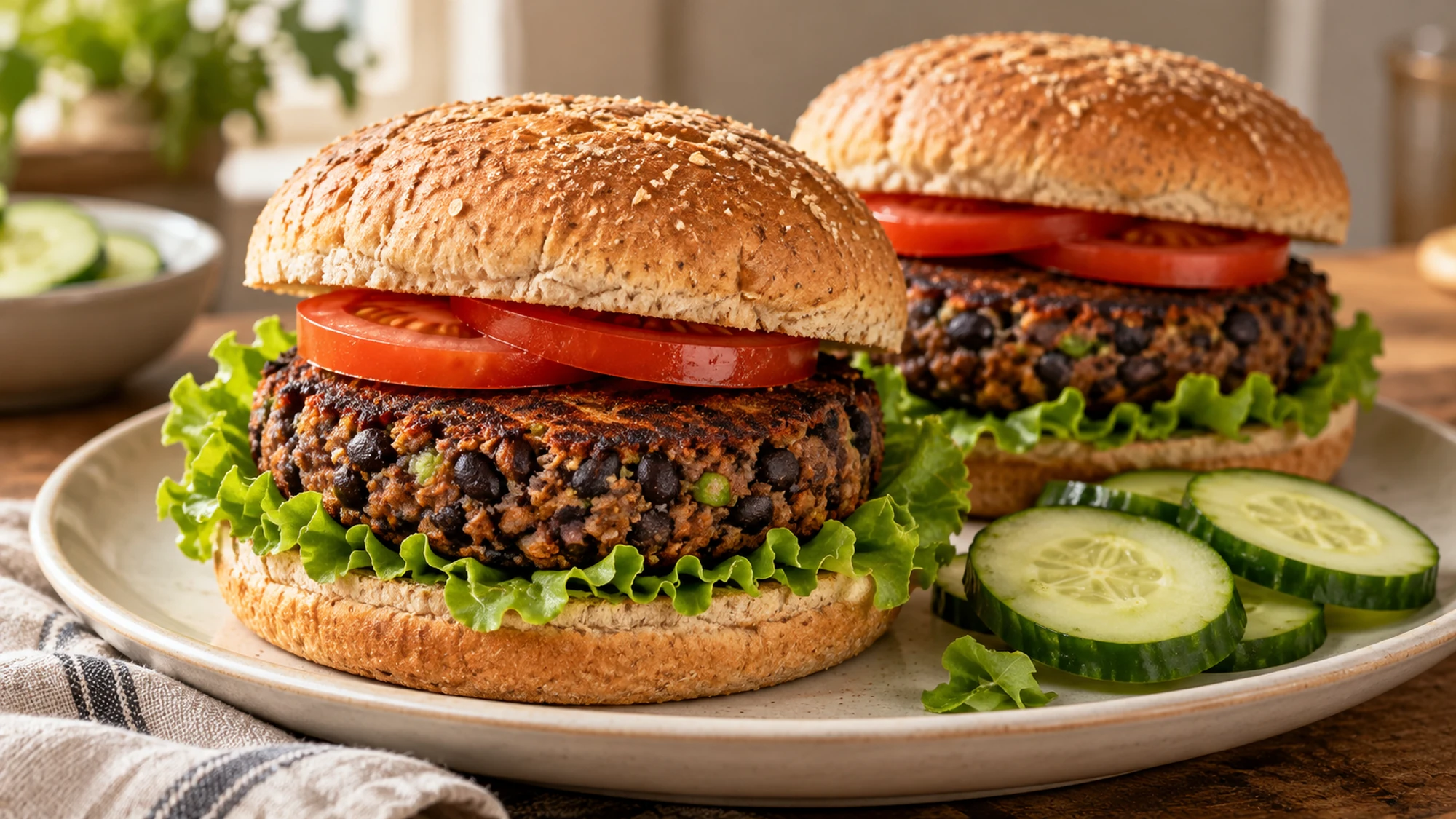 Two black bean burgers served with lettuce, tomato and sliced cucumber.