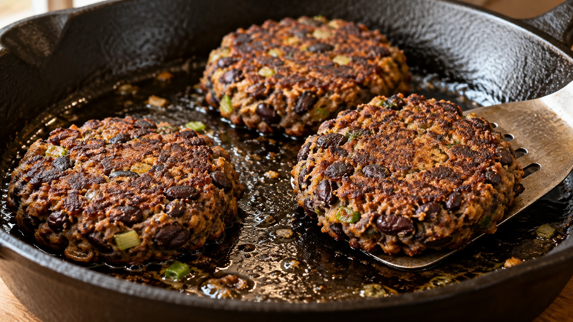 Black bean patties with browned crusts cooking in a cast-iron skillet.