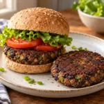 Whole-wheat black bean burger and a separate patty on a round ceramic plate.
