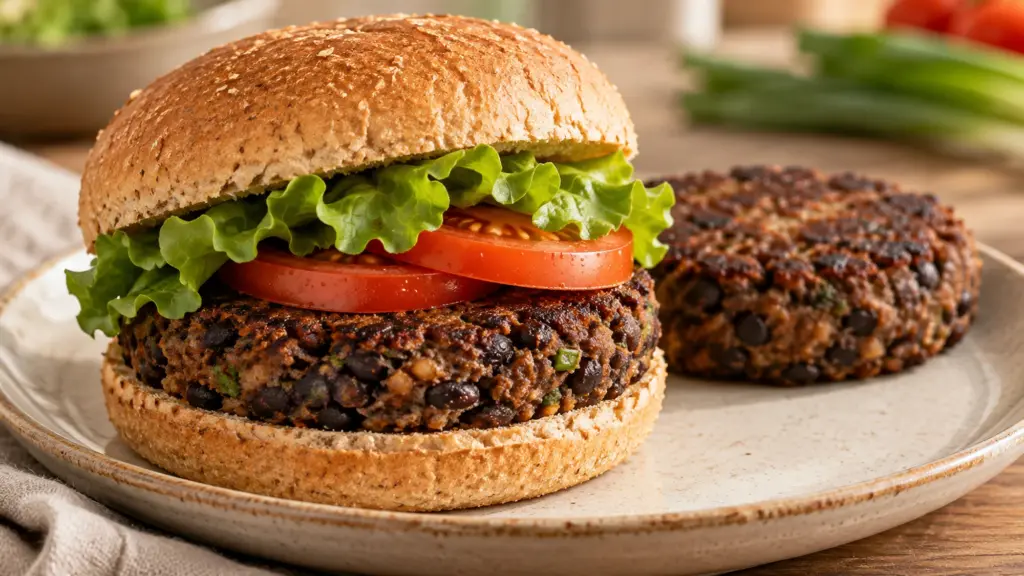 Black bean burger with lettuce and tomato in a whole-wheat bun beside a browned patty.