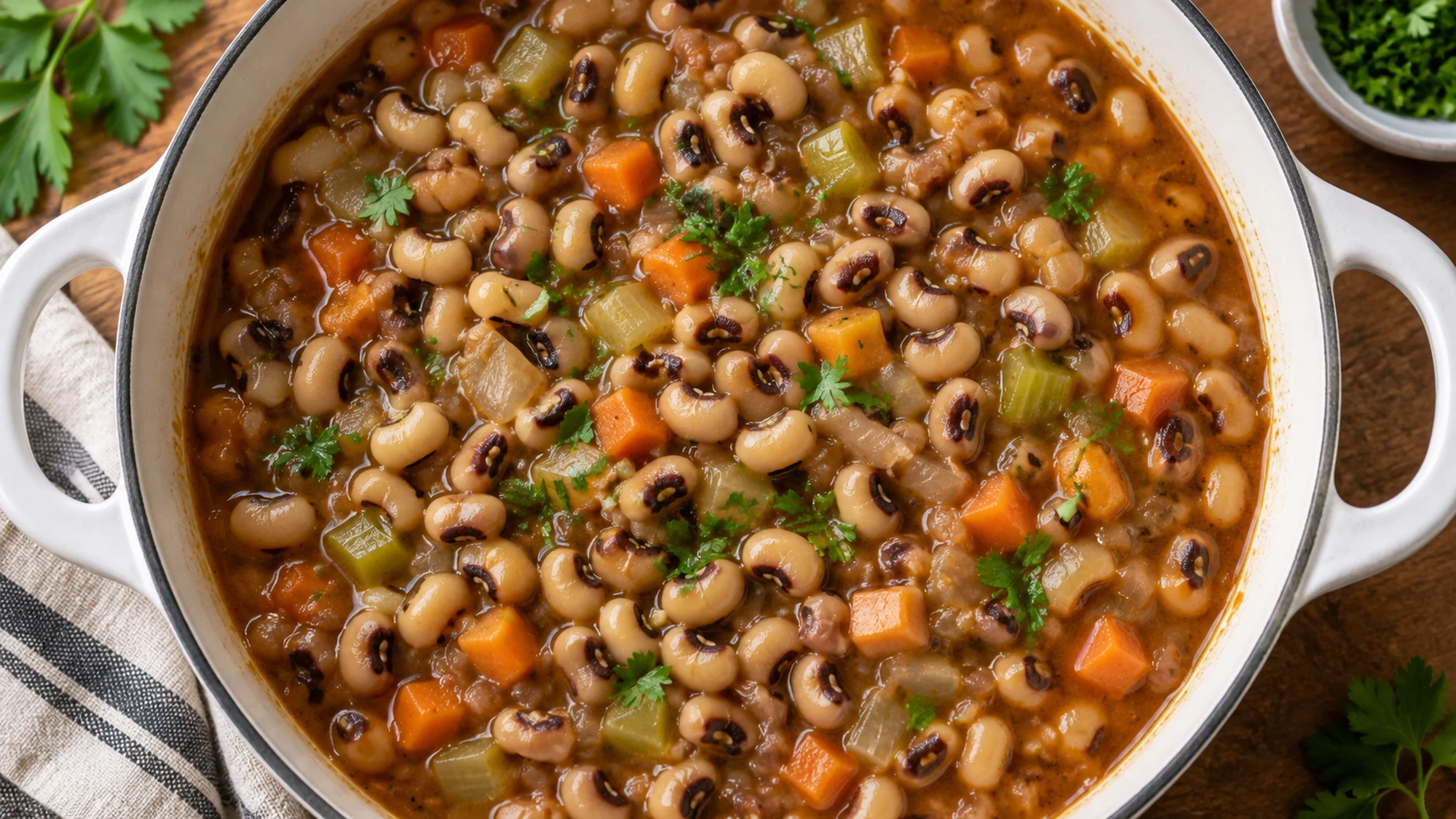 Overhead view of black eyed peas recipe showing creamy tender black-eyed peas with their distinct dark eyes