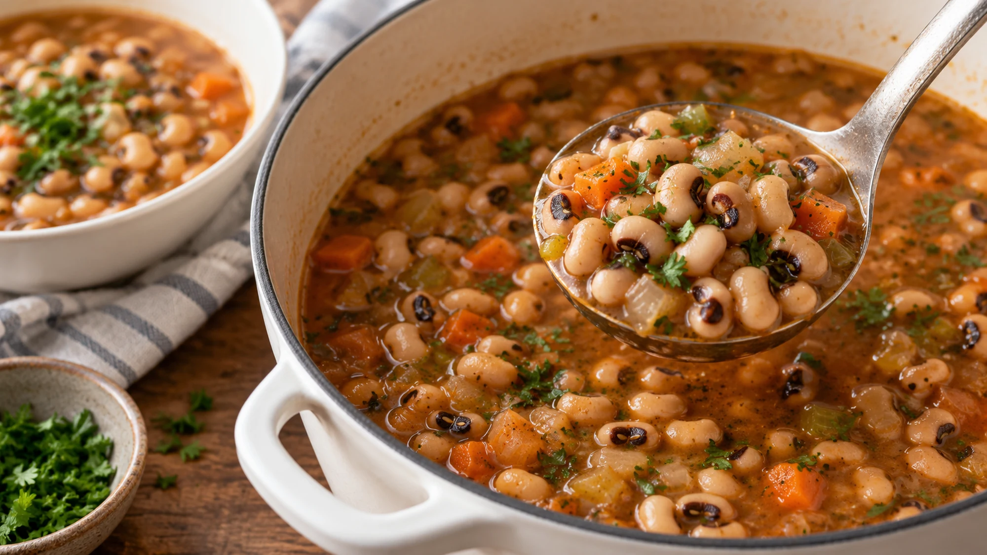 Close serving view of black eyed peas recipe showing creamy tender black-eyed peas with their distinct dark eyes