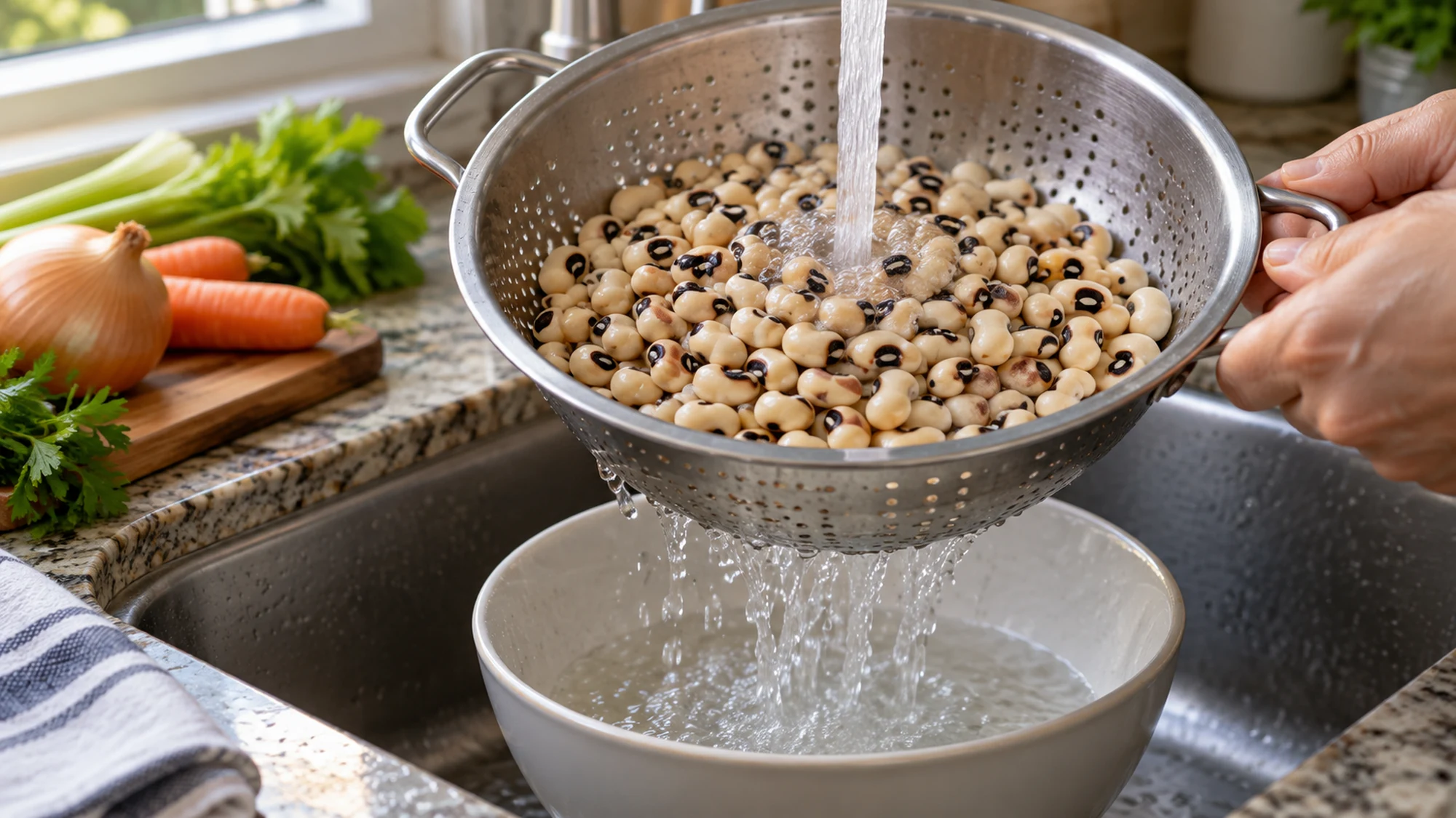 Dry black-eyed peas with visible dark eyes rinsed in a colander before simmering