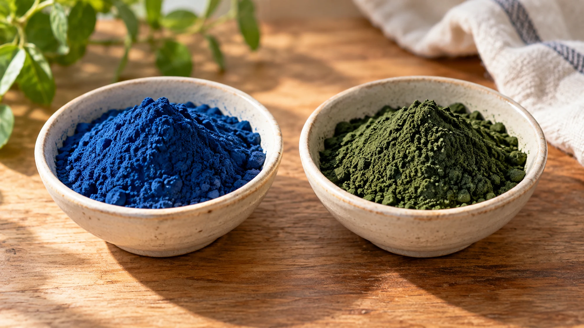 Blue spirulina extract powder and dark green whole spirulina powder in separate bowls