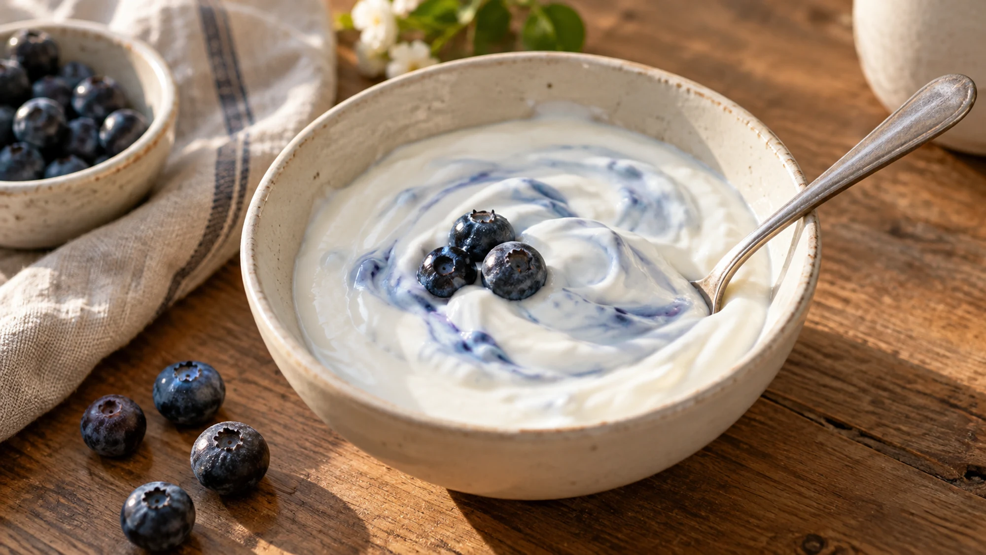 Yogurt with a pale blue swirl, blueberries and a spoon