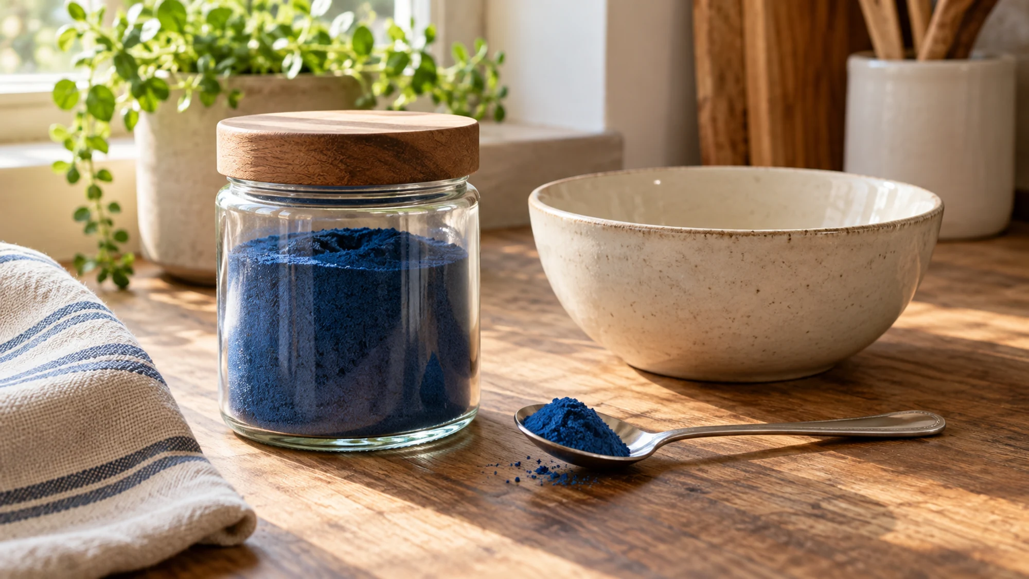 Blue powder in a closed glass jar with a small amount on a teaspoon