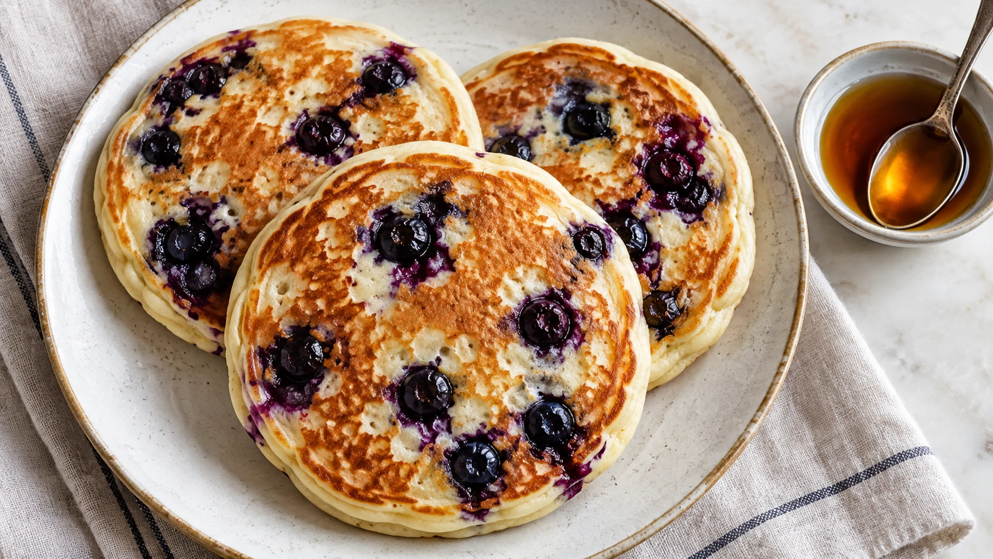 Three overlapping blueberry tofu pancakes on a breakfast plate