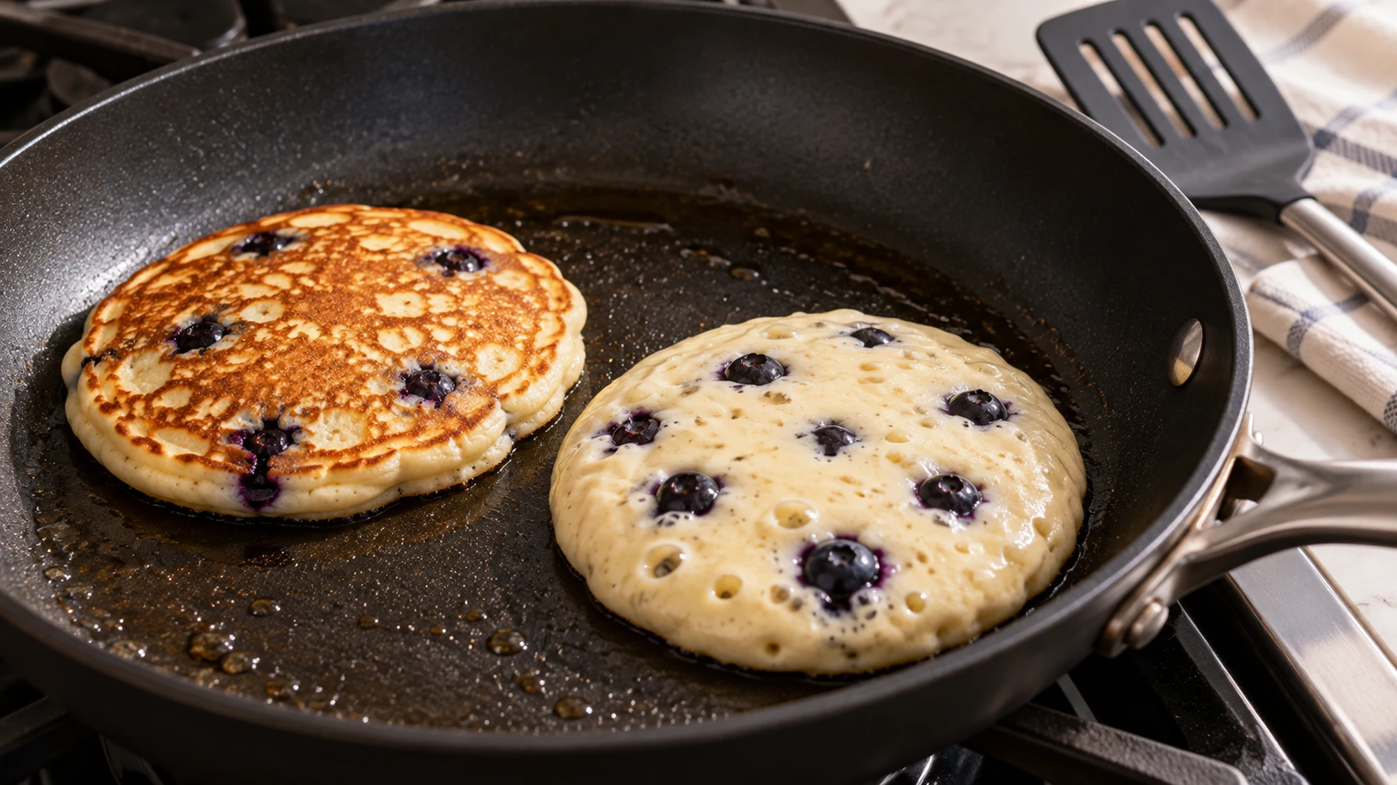 Blueberry pancakes cooking in a nonstick skillet