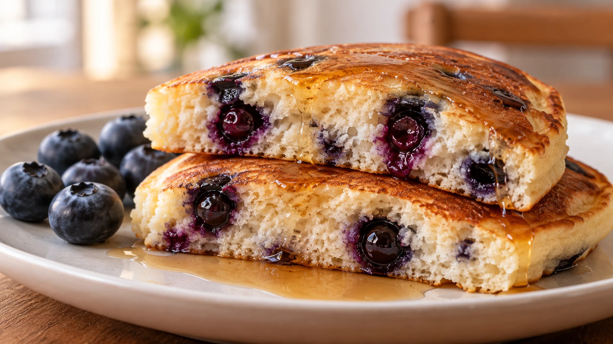 Cut blueberry tofu pancakes showing cooked crumb and juicy berries