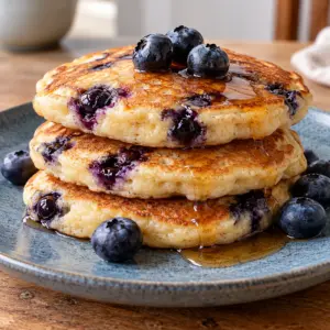 Blueberry tofu pancake stack on a blue-gray plate