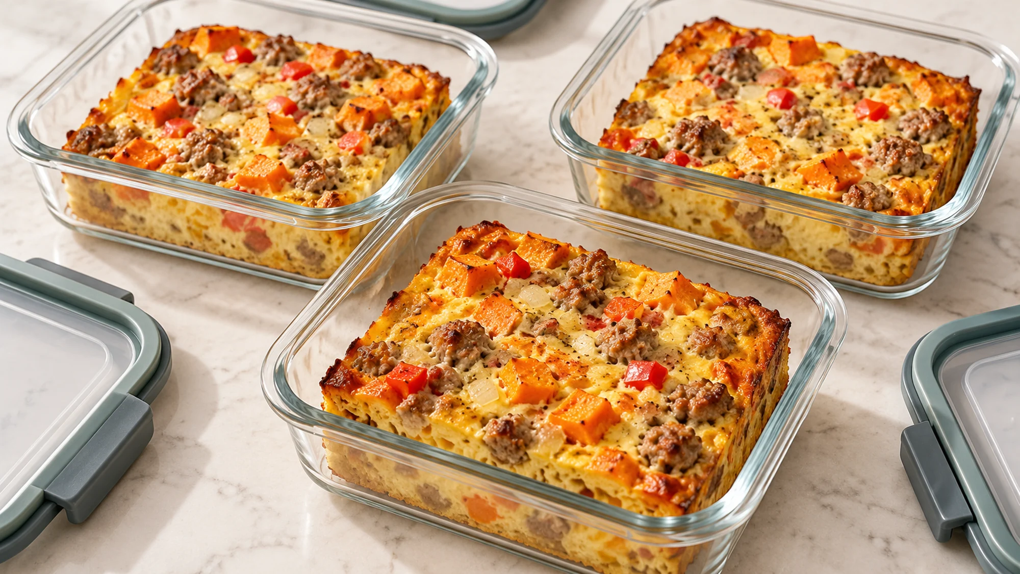 Cooled portions of sweet potato and sausage breakfast casserole packed in shallow glass containers.
