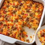 Overhead square view of baked breakfast casserole with sweet potato, sausage and red bell pepper.