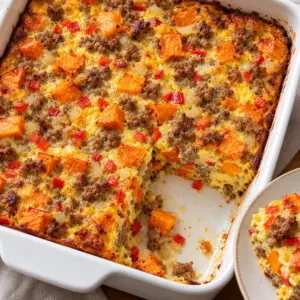 Overhead square view of baked breakfast casserole with sweet potato, sausage and red bell pepper.