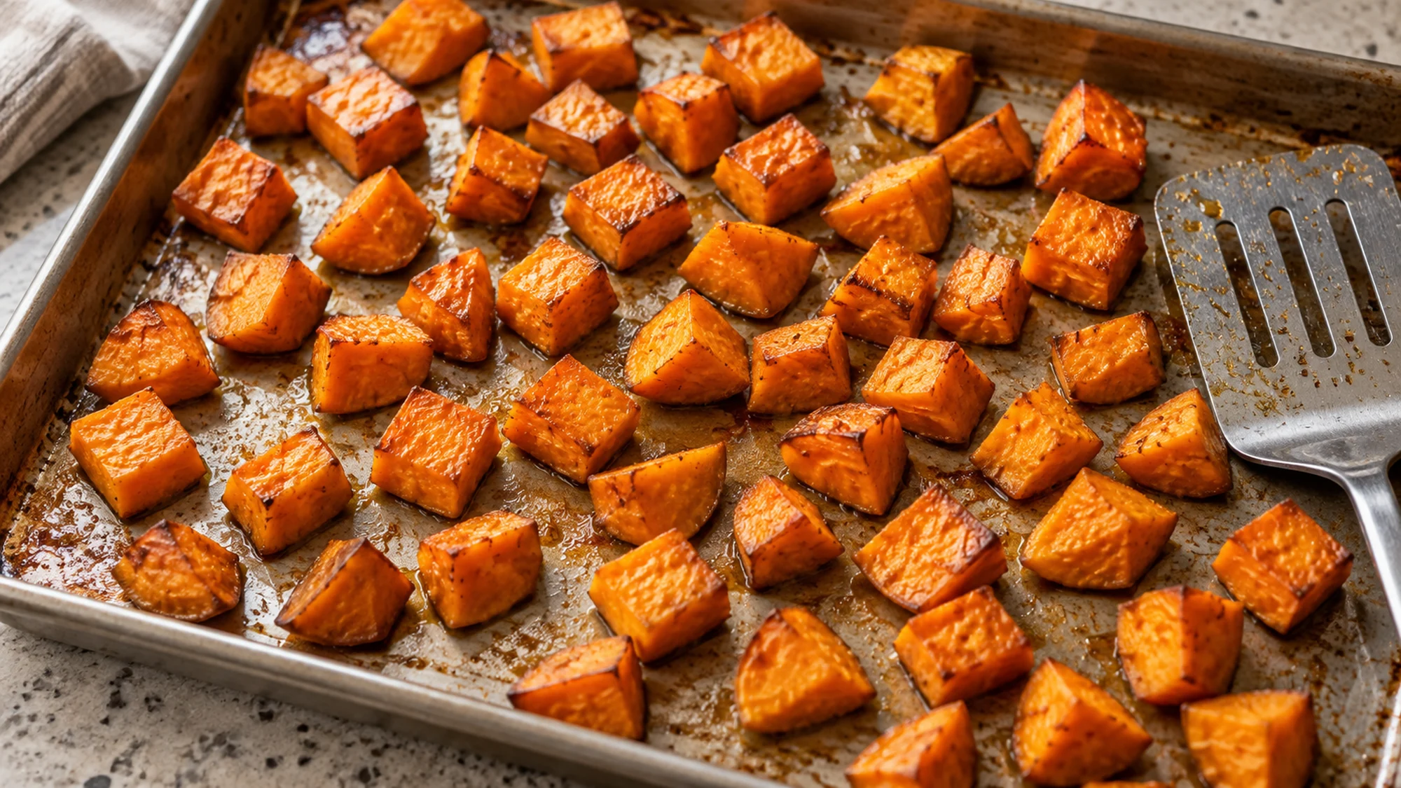 Roasted half-inch sweet potato cubes with browned edges spread across a rimmed sheet pan.