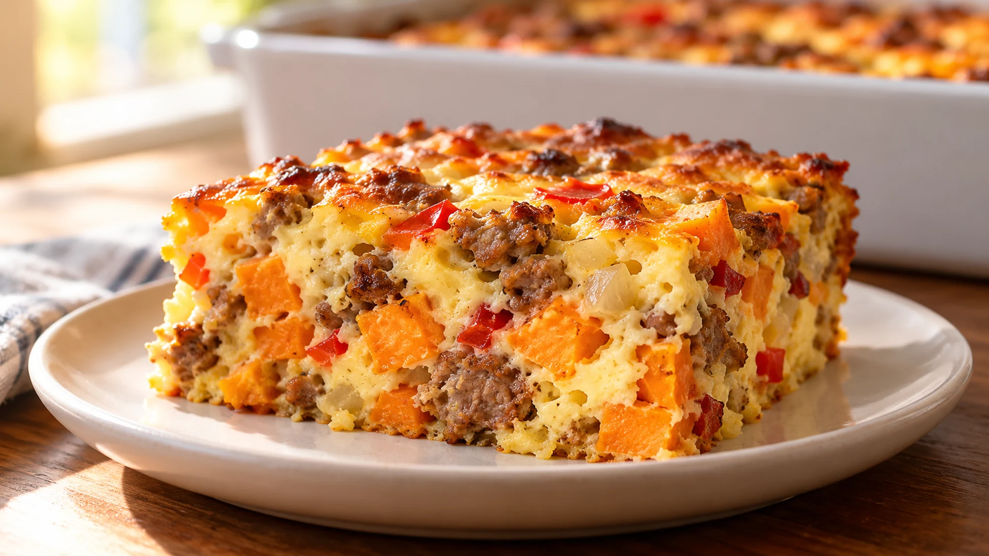 A square portion of sausage and sweet potato breakfast casserole showing the tender egg interior.