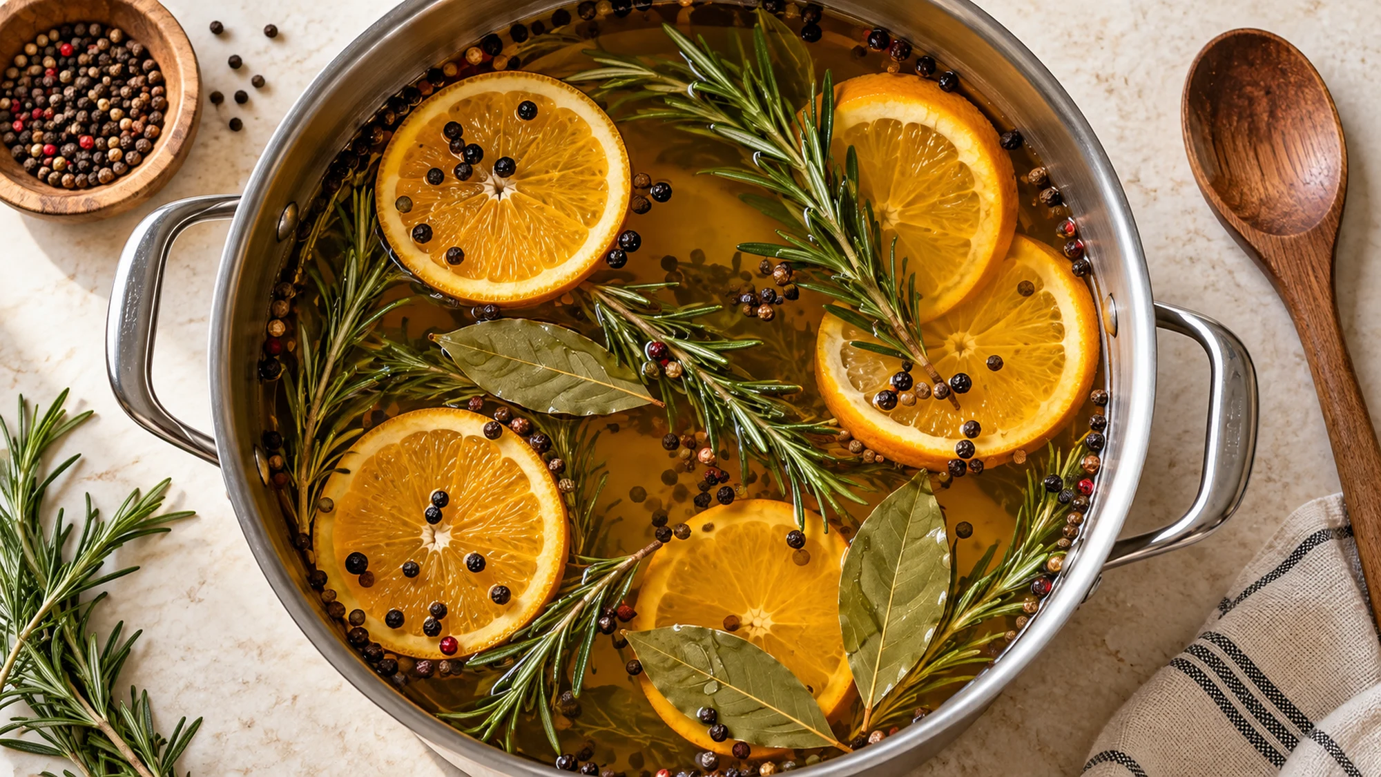 Overhead view of citrus herb brine before the turkey is added