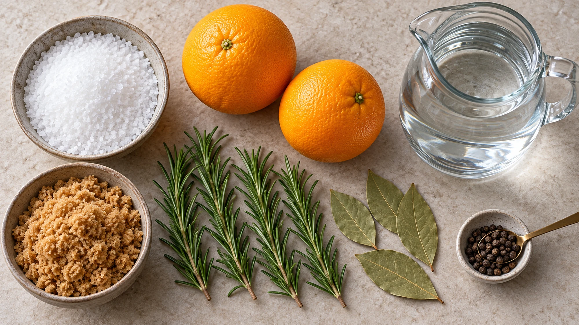 Salt, brown sugar, oranges, rosemary, bay leaves, peppercorns and water for turkey brine