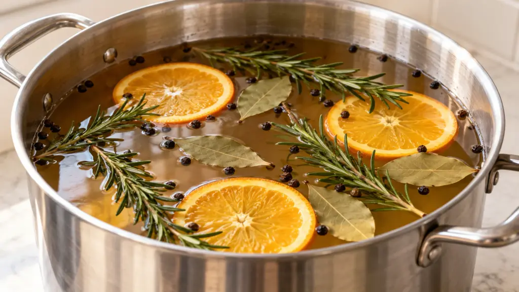 Finished orange and rosemary brine for turkey in a stainless steel pot