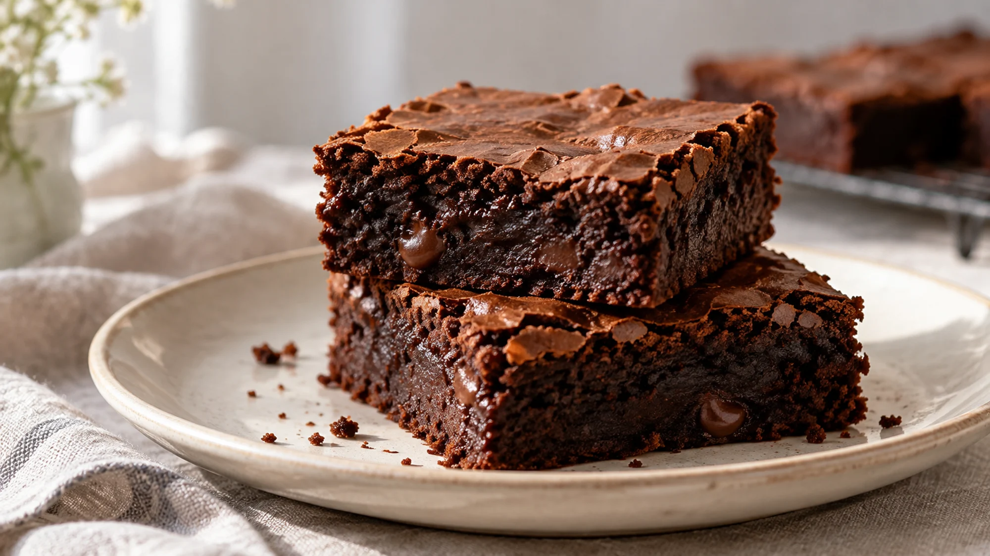 Stacked chocolate brownies showing dense moist centers and crackly tops