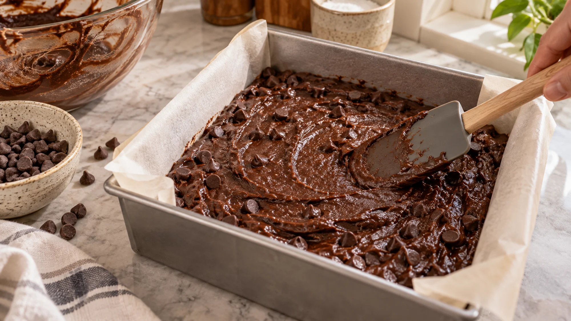 Thick chocolate brownie batter with chips being smoothed into a lined square pan