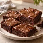 Square plate of finished fudgy brownies with crackly tops