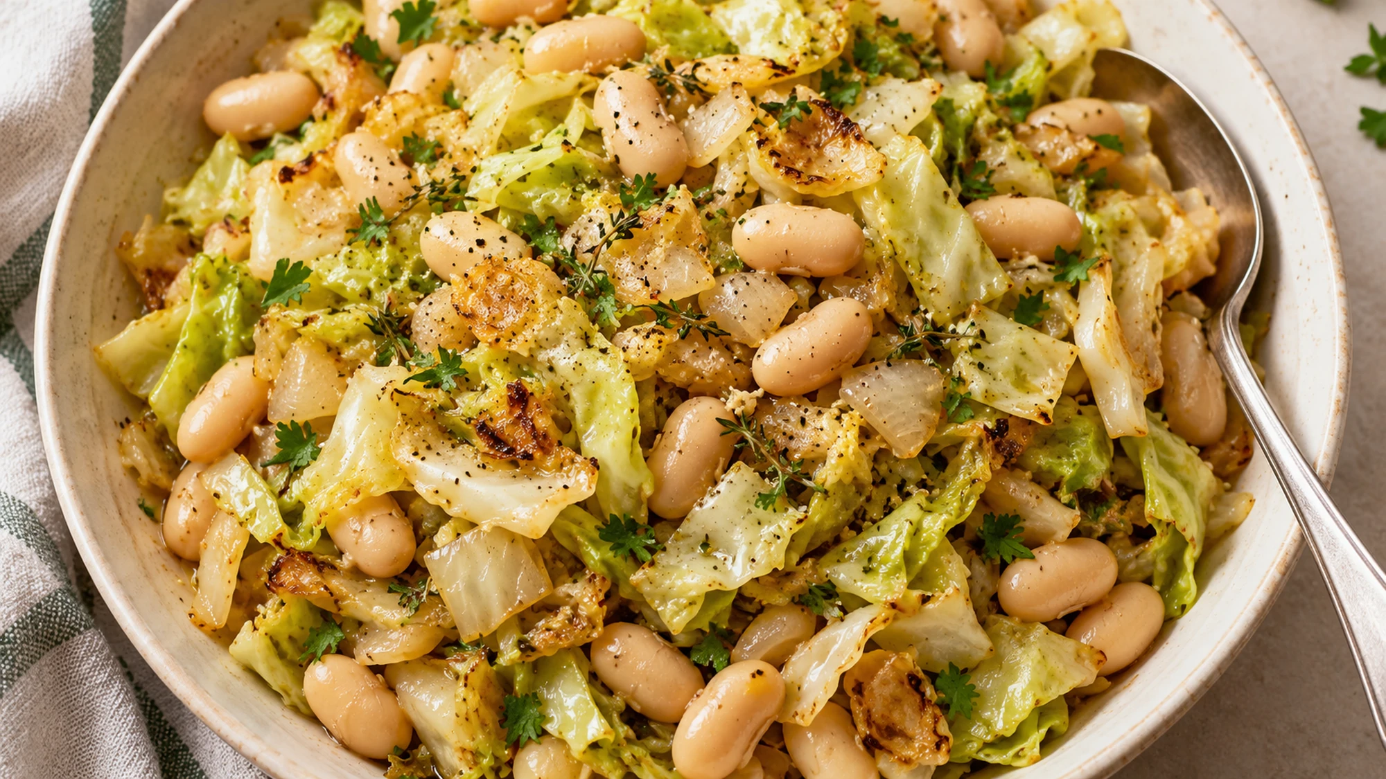 Tender cabbage and cannellini beans served in a cream ceramic bowl.